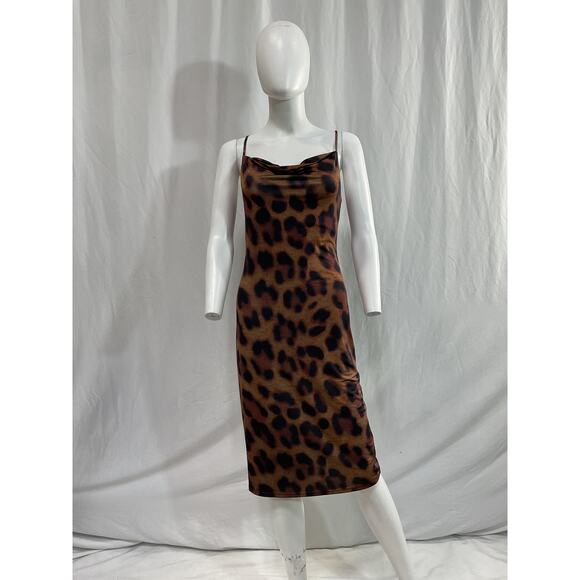 L'Agence 'Tami' Brown Draped Leopard-Print Stretch-Jersey Cowl Neck Midi Dress - Picture 2 of 5